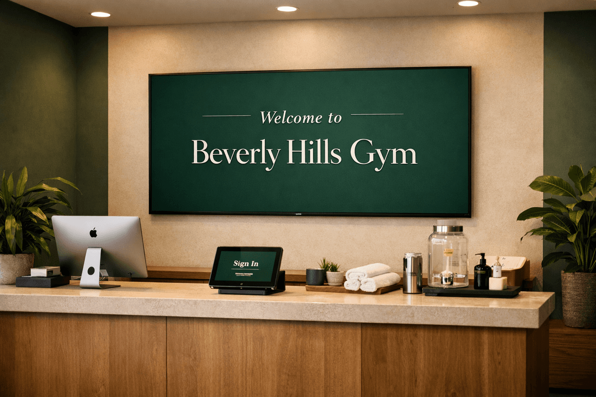 Gym welcome screen signage at front desk