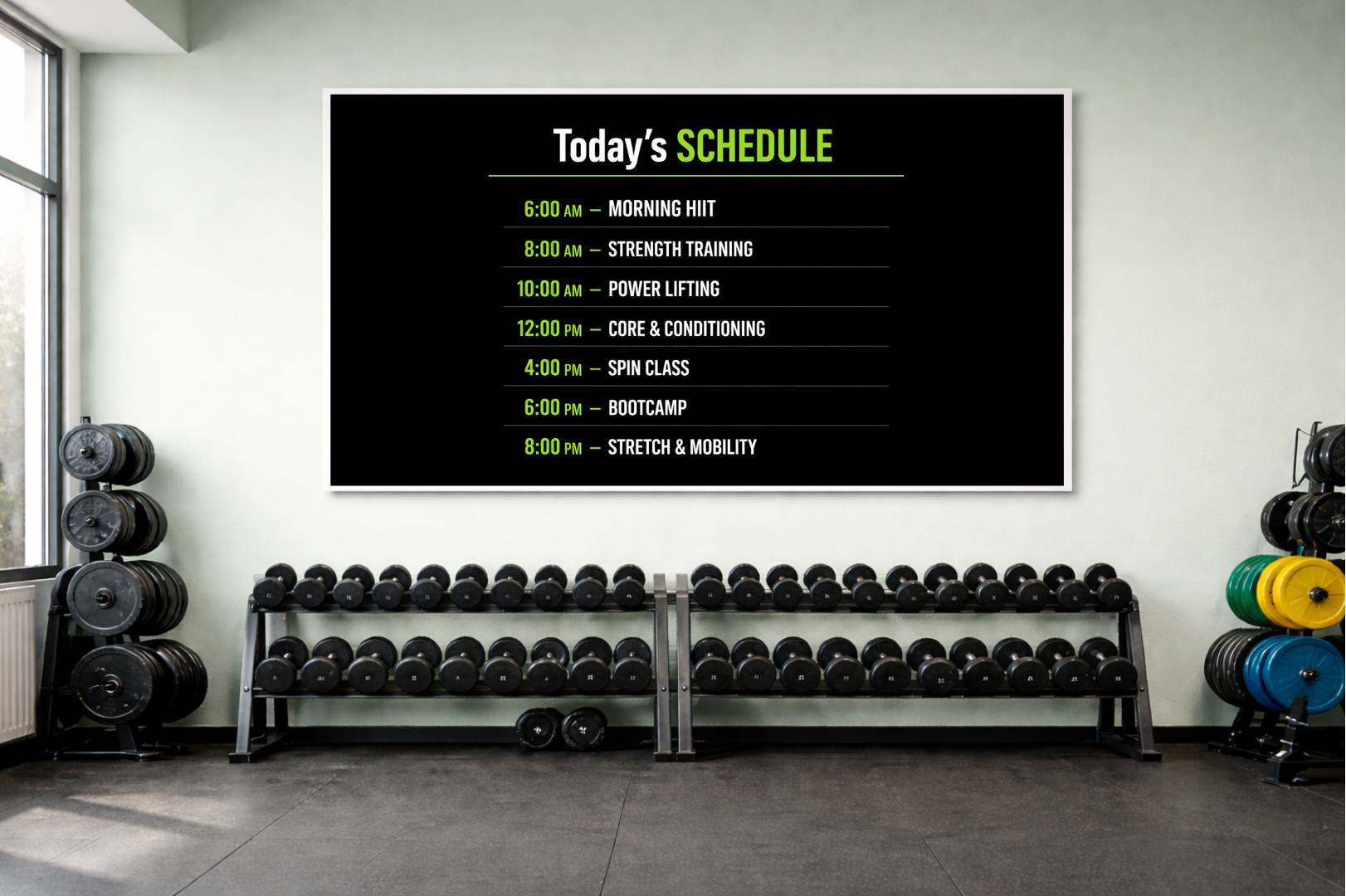 Fitness promotion layout shown on a gym display.